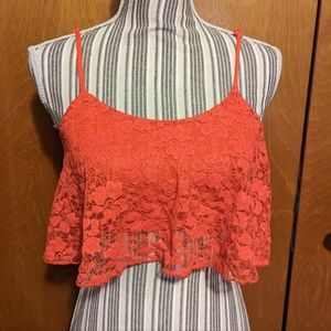 🚩FREE WITH ANY PURCHASE! Deb Orange-Pink Lace Crop Top Size Small